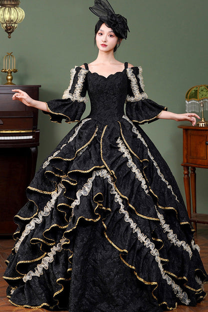 Black Square Collar Half Trumpet Sleeves Ruffled Open-Front Lace Gothic Vintage Palace Lolita Victorian Dress