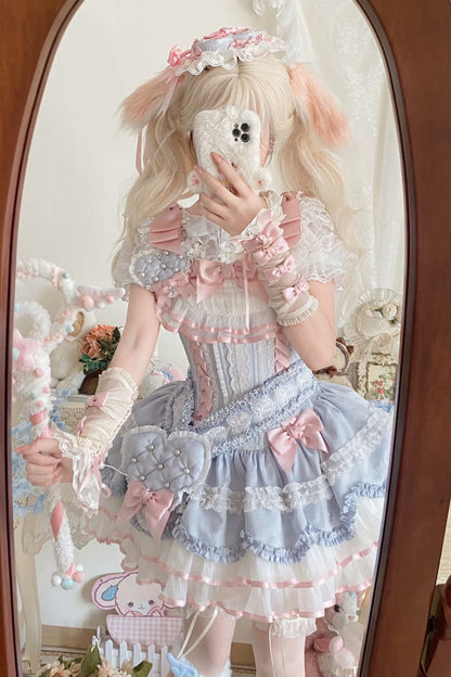 Blue Triple-Layered Ruffled Bow Lace-Up Slim Ballet Sweet Lolita Dress