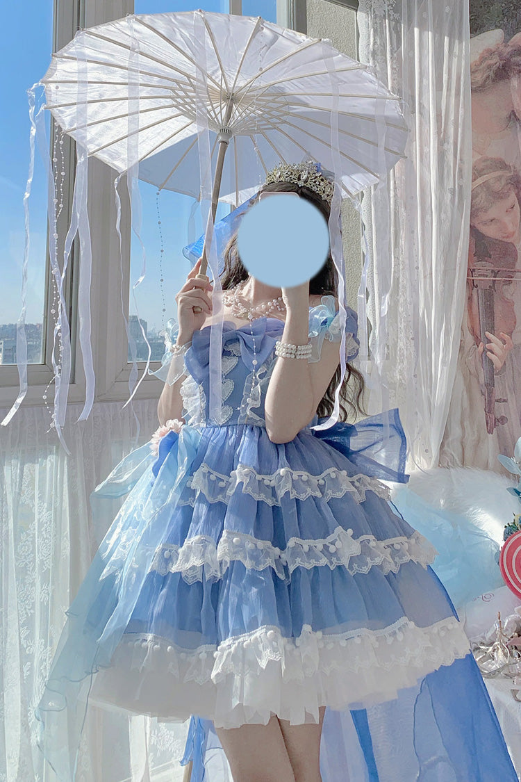 Blue Multi-Layered Ruffled Hanayome Bow Pearl-Decorated Sweet Lolita Jsk Dress Full Set 2 Versions