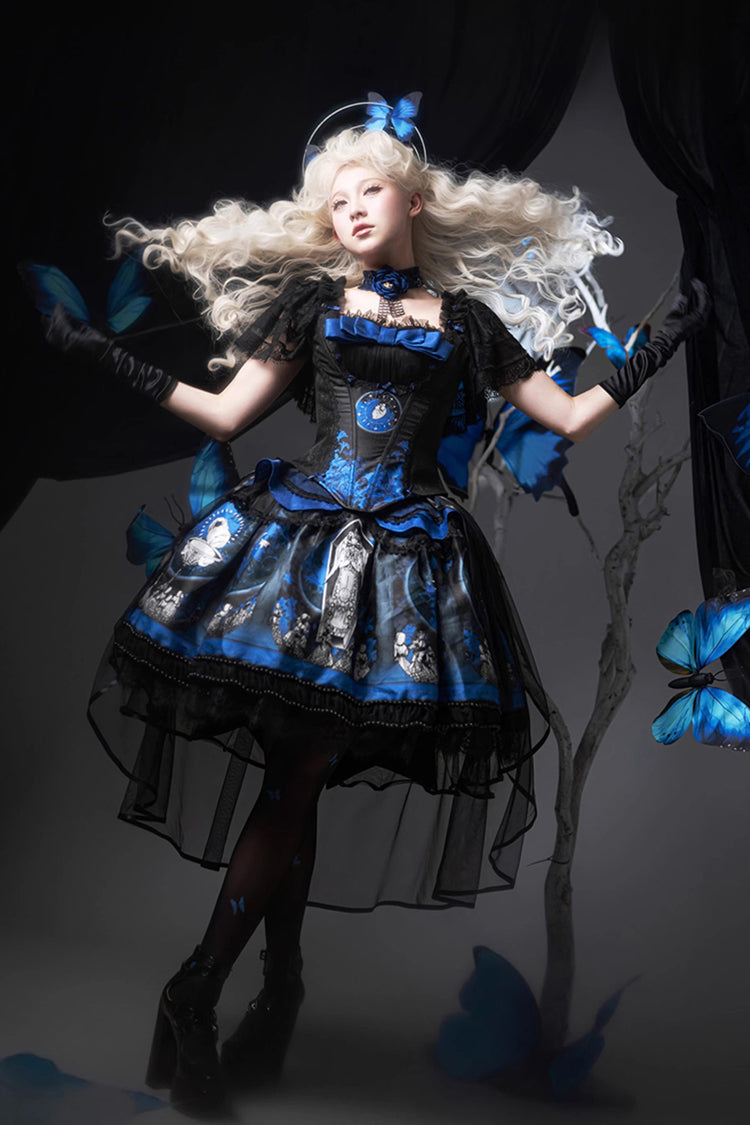 Blue [Dark Moon Corridor] Print Embroidery Gothic Lolita Dress Skirt