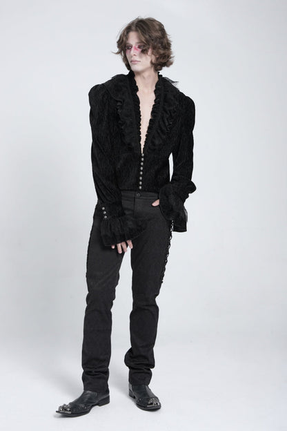 Black V Collar Long Sleeves Ruffle Stitching Lace Men's Gothic Blouse