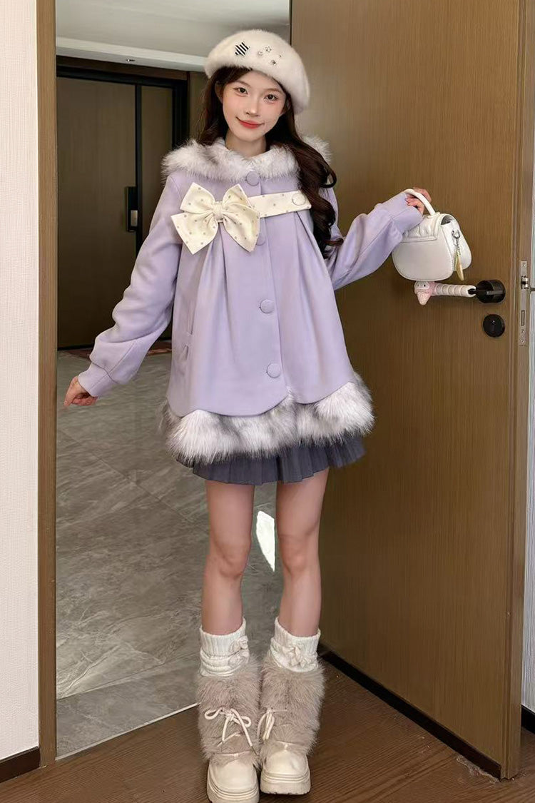 Purple Long Sleeves Plush-Trim Polka Dot Printed Bow Hooded Sweet Lolita Coat