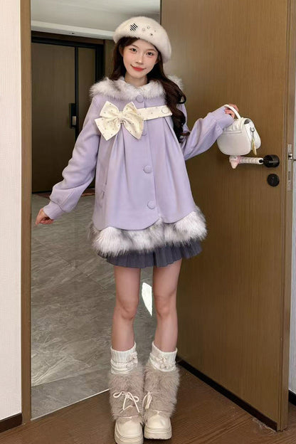 Purple Long Sleeves Plush-Trim Polka Dot Printed Bow Hooded Sweet Lolita Coat