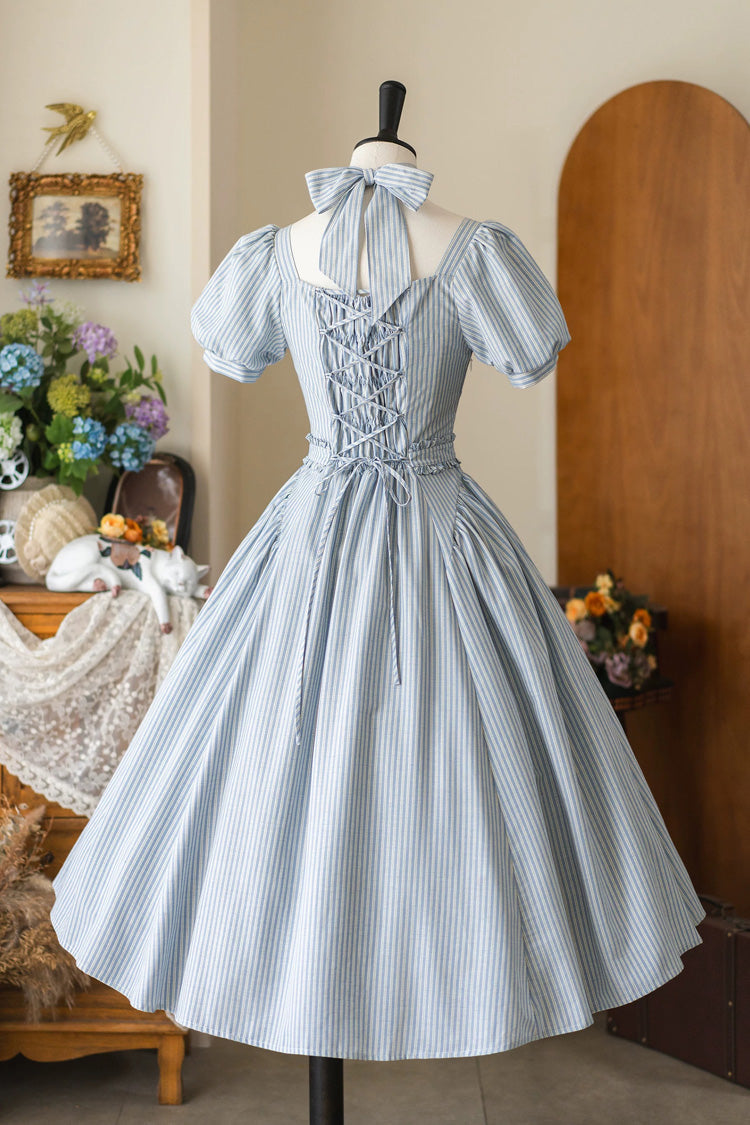 Light Blue [Chantilly Forest] Square Collar Short Sleeves Striped Printed Ruffled Classic Vintage Elegant Lolita Dress