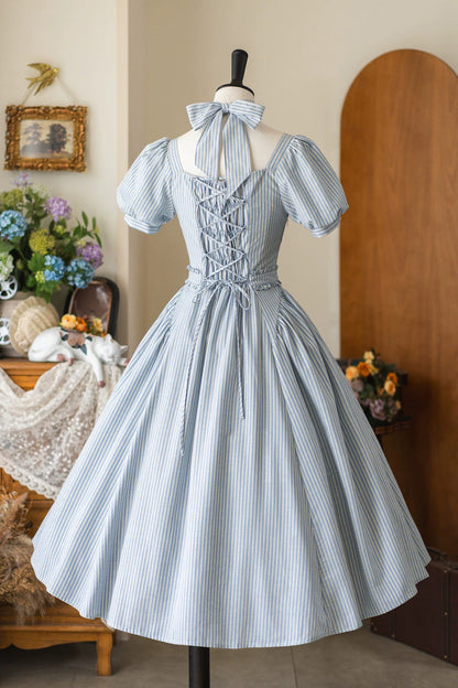 Light Blue [Chantilly Forest] Square Collar Short Sleeves Striped Printed Ruffled Classic Vintage Elegant Lolita Dress