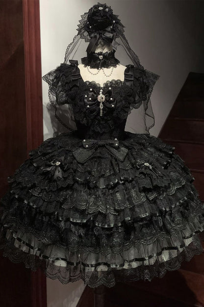 Black [Ballad of Feathers] Sleeveless Multi-Layered Ruffle Hanayome Bowknot Gothic Lolita Jsk Dress