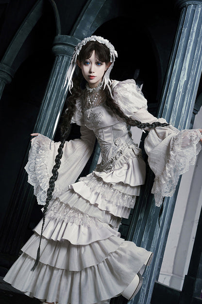 Solid Color [Bionic Doll] Square Collar Multi-Layered Ruffle Bowknot Lace-Up Gothic Lolita Fishtail Skirt Corset Set