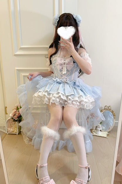 Blue [Rain and Flowers] Halterneck Jacquard Ruffle Bowknot Lace Sweet Lolita Jsk Dress