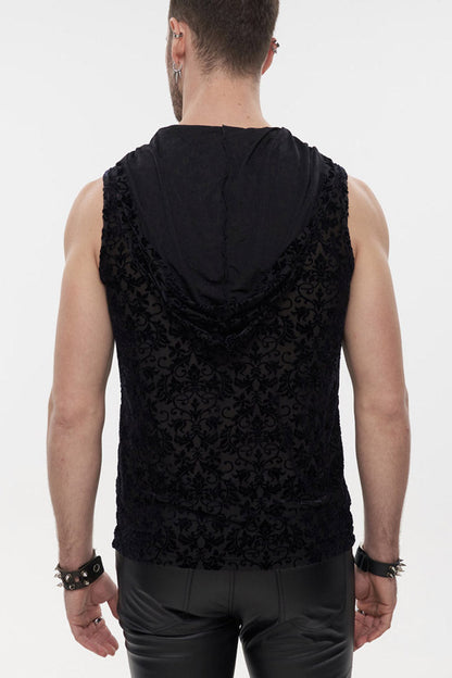 Black Punk Velvet Jacquard Chest Tie Sleeveless Hooded Men's Shirt