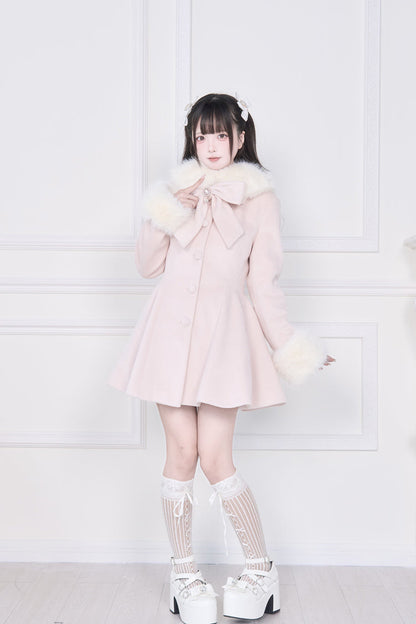Pink Plush Collar Long Sleeves Bowknot Japanese Sweet Lolita Coat