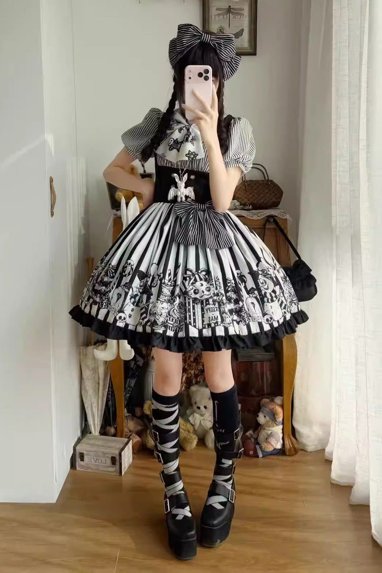 Black/White [A Weird Christmas] Sleeveless Printed Ruffled Gothic Lolita JSK Dress