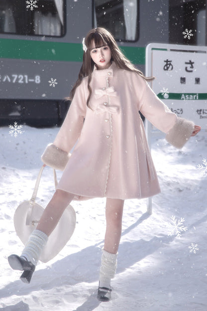 Pink [Bella SP] Stand Collar Long Sleeves Bow Sweet Lolita Coat Cloak