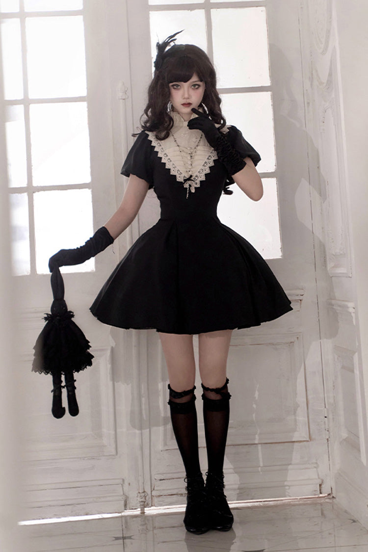 Black [Letters and Poems·Nocturne] Nun Long Sleeves Ruffle Gothic Lolita Short Dress