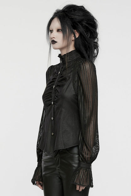 Black Stand Collar Stitching Mesh Women's Punk Blouse