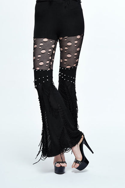 Black Punk Sexy Broken Holes Slim Fit Flared Womens Pants