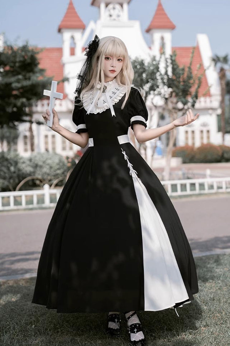 Black/White Short Sleeves Color-blocked with Detachable Embroidered Faux Collar Gothic Lolita Dress