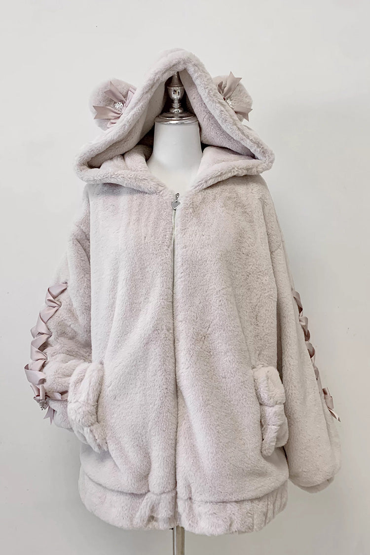 [Sleepy Bear Fluffy] Bear Ears Long Sleeves Bow Lace-Up Hooded Zippered Sweet Jirai Kei Japanese Coat