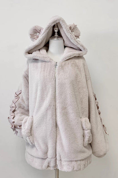 [Sleepy Bear Fluffy] Bear Ears Long Sleeves Bow Lace-Up Hooded Zippered Sweet Jirai Kei Japanese Coat