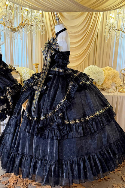 Black [Obsidian Banquet] Double-Layered Ruffled Hanayome Bow Lace Sweet Gothic Princess Lolita Jsk Dress