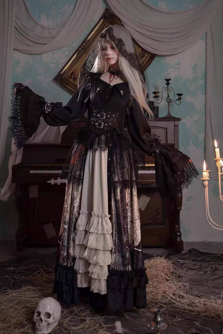 [Heretical Nun] Sleeveless Multi-Layered Printed Ruffled Open-Front Gothic Plus Size Lolita Strap Dress Long Version 2 Colors