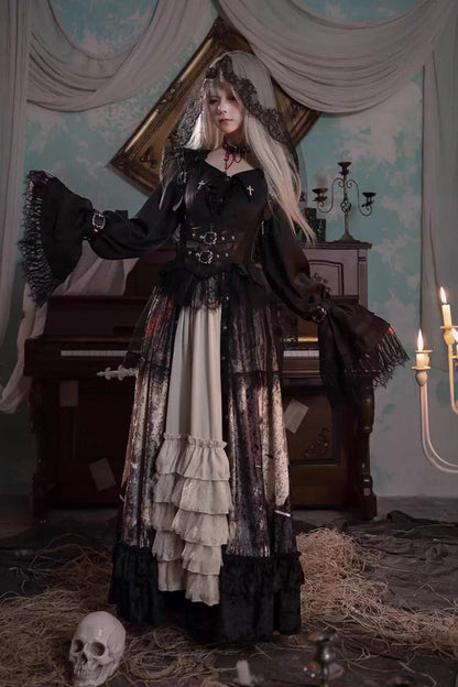 [Heretical Nun] Sleeveless Multi-Layered Printed Ruffled Open-Front Gothic Plus Size Lolita Strap Dress Long Version 2 Colors