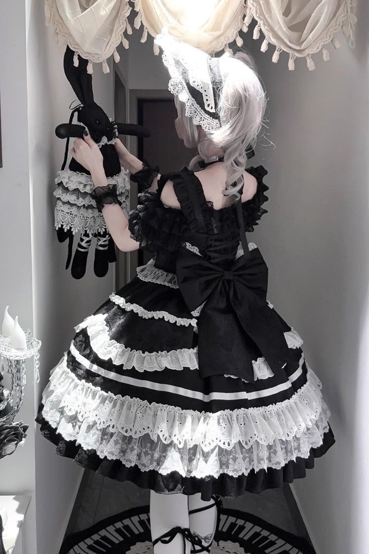Black/White [Super Cute Belia] Sleeveless Triple-Layered Ruffle Bowknot Lace Gothic Elegant Lolita Jsk Dress