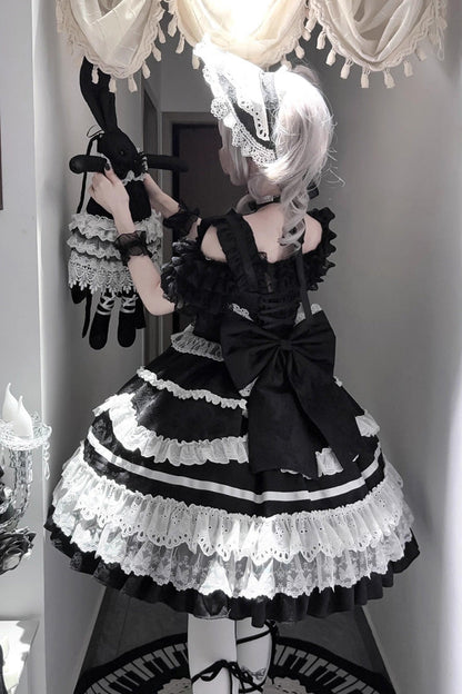 Black/White [Super Cute Belia] Sleeveless Triple-Layered Ruffle Bowknot Lace Gothic Elegant Lolita Jsk Dress