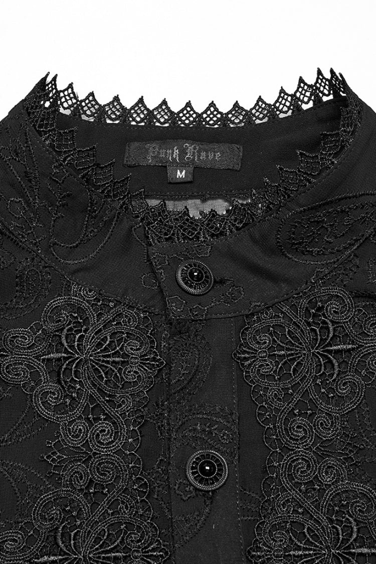 Black Stand Collar Chiffon Long Sleeves Hollow Embroidery Men's Gothic Blouse