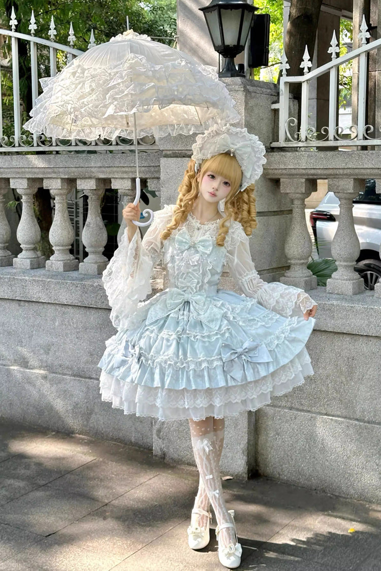Blue [Dream-Sinking Pearl Veil] Doll-Style Sleeveless Multi-Layered Ruffled Bow Lace Daily Sweet Lolita Dress