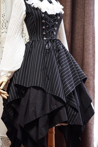 Black Sleeveless Striped Print Lace-Up Irregular Hem Gothic Lolita Dress