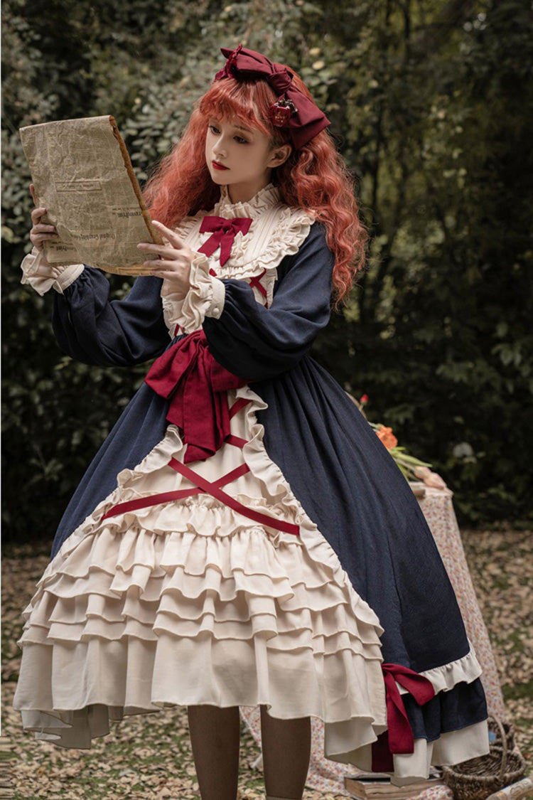 Blue Round Collar Bowknot Long Sleeves Multi-Layer Ruffled Sweet Lolita OP Dress (Plus Size Version)