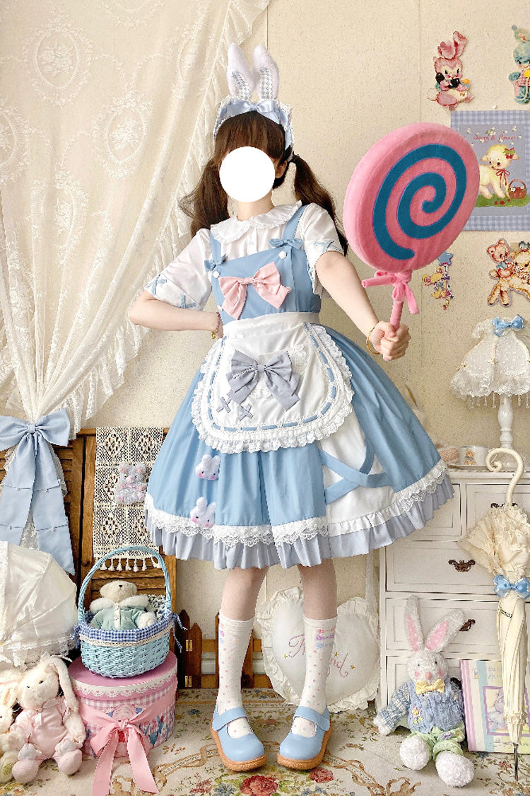 Blue [Picnic Rabbit] Ruffle Bowknot Lace Daily Sweet Lolita Jsk Dress Set