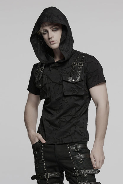 Black Short Sleeves Big-pocket Tie-dyed Hooded Men's Punk T-Shirt
