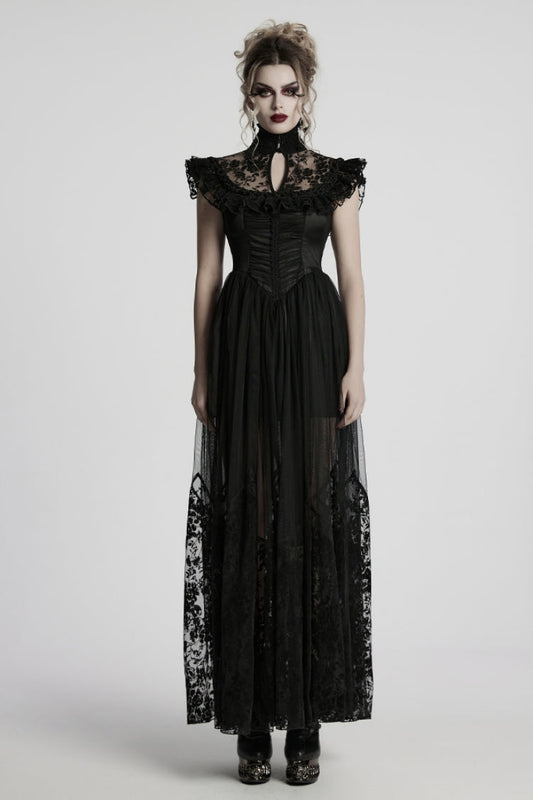Black Stand Collar Hollow Embroidery Flocking Mesh Women's Gothic Formal Dress