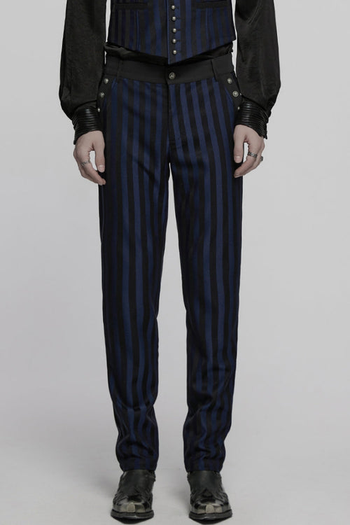 Black/Blue High Waisted Striped Print Men's Gothic Suit Pants