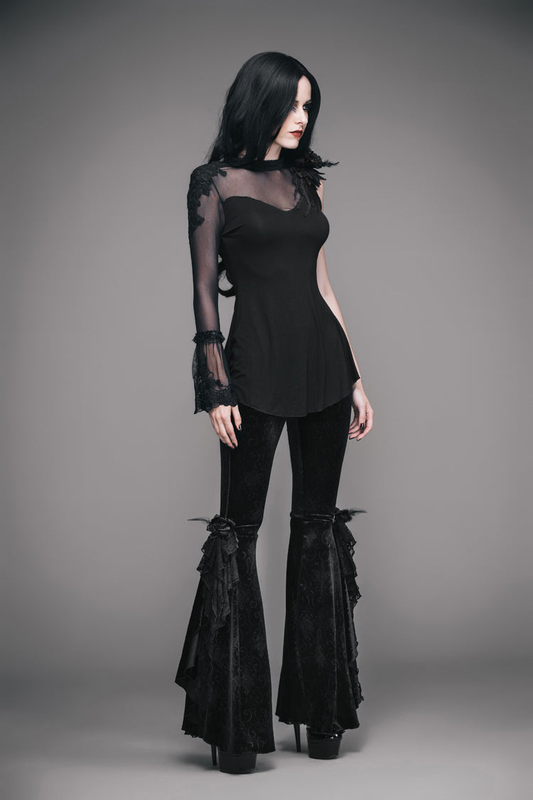 Black Shoulder Decals Feather Decoration Single Sleeve Splice Mesh Women's Gothic Knit