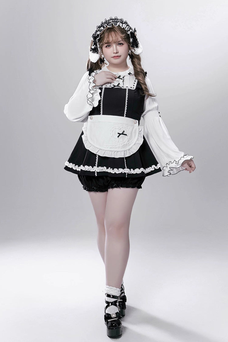 Black/White [Showcase Doll] Japanese Maid-Style Long Sleeves Ruffle Bowknot Jirai Kei Japanese Dress Shorts Set with Detachable Apron