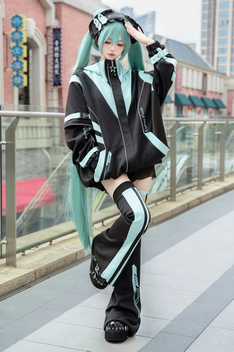 Black/Blue [Cyber Phantom] Hatsune Miku Long Sleeves Print Jirai Kei Cool Coat