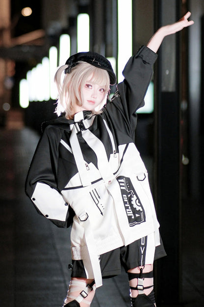 Black/White [Zero-Type Transformation] Techwear Long Sleeves Embroidered Hooded Punk Jirai Kei Shorts Coat Set