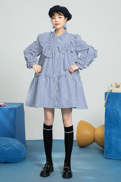 Blue Plaid Print Bow Ruffled Long Sleeves Single Breasted Sweet Lolita OP Dress