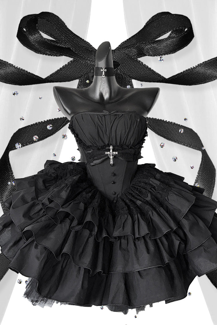 Black Sleeveless Triple-Layered Ruffle Bowknot Lace Gothic Princess Lolita Dress