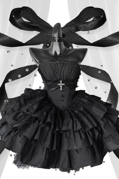 Black Sleeveless Triple-Layered Ruffle Bowknot Lace Gothic Princess Lolita Dress
