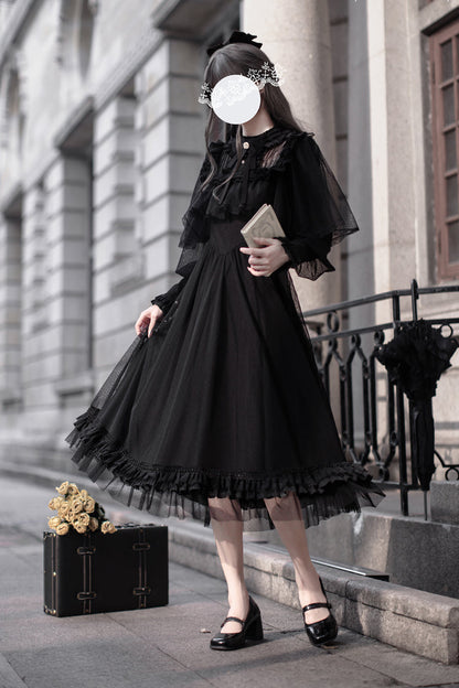 Black [Enchanted Nightdream] Long Sleeves Bowknot Lace Gothic Elegant Lolita Dress