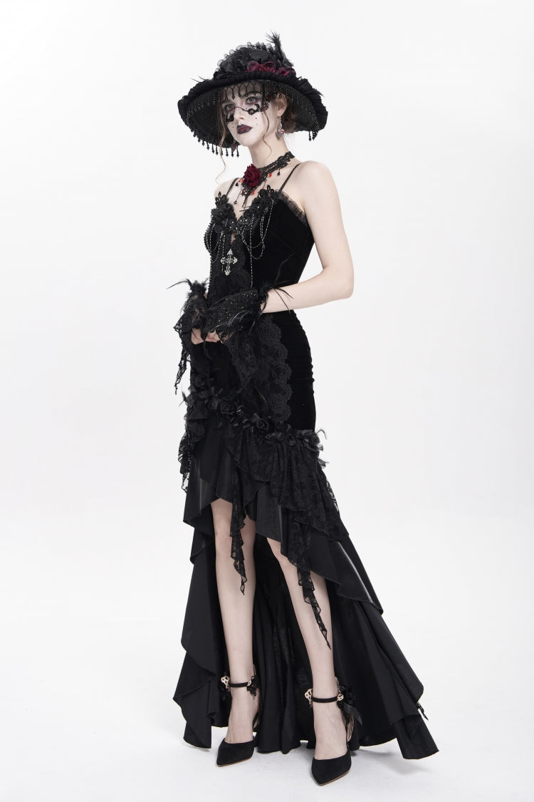 Black Sleeveless Cross Ruffled Floral Embroidered Chain-Decorated Women's Gothic Long Slip Dress