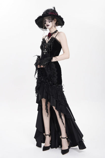 Black Sleeveless Cross Ruffled Floral Embroidered Chain-Decorated Women's Gothic Long Slip Dress