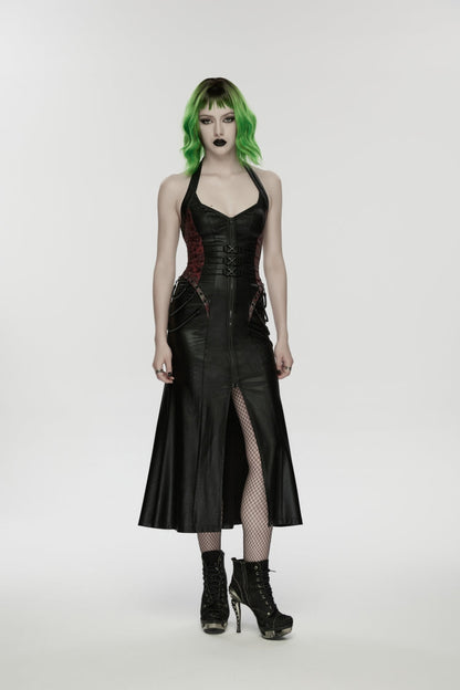 Black/Red Halterneck Sleeveless Lace-Up Slim Buckled Women's Punk Dress