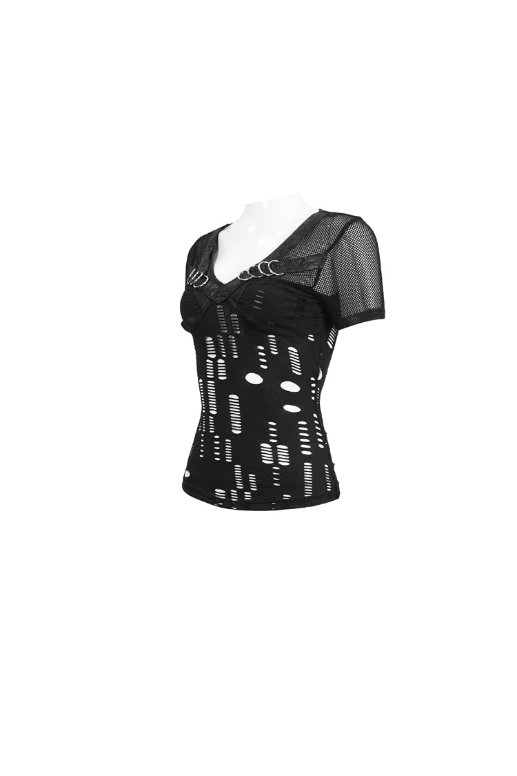 Black V Neck Stretch Destroyed Faux Leather Metal Ring Women's Punk T-Shirt