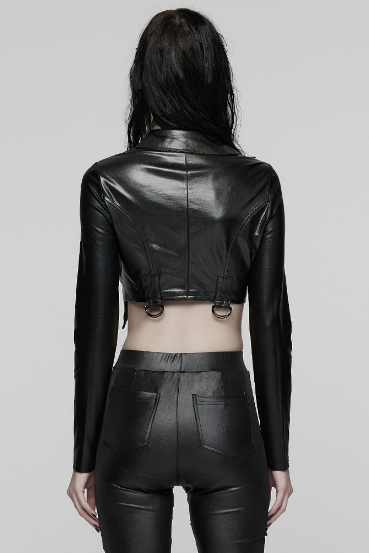 Black Stand Collar Long Sleeves Lace-Up Zipper Women's Punk Jacket