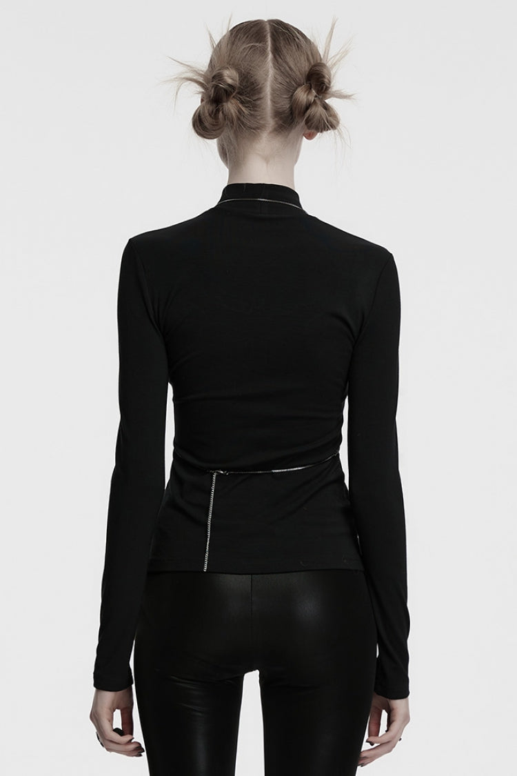Black Stand Collar Long Sleeves Bat Stitching Mesh Chain Women's Gothic Blouse