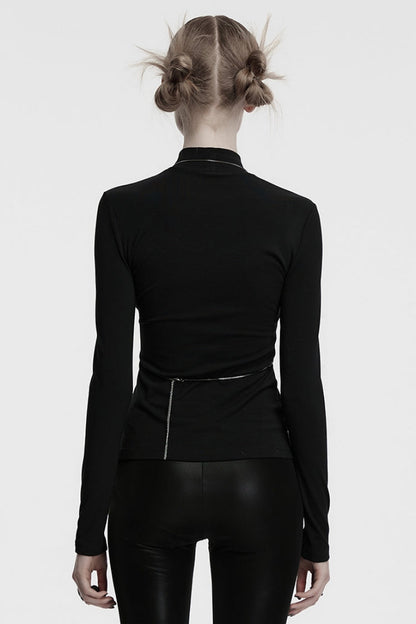 Black Stand Collar Long Sleeves Bat Stitching Mesh Chain Women's Gothic Blouse